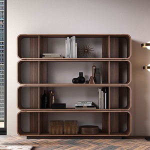 意式书柜书架现代简约极简客厅装饰柜北欧书柜陈列柜胡桃木色书柜