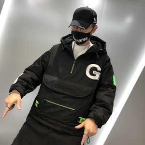 2020冬季新款时尚潮男帅气大g印花连帽套头街头范儿袋鼠兜羽绒服