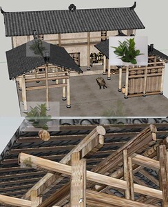 川西风格乡村民居抬梁穿斗式台木结构对称房屋屋架构造草图su模型