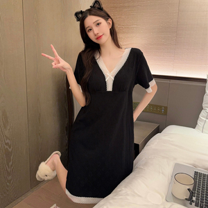睡裙女士夏季新款性感V领蕾丝莫代尔棉短袖睡衣带胸垫韩版家居服