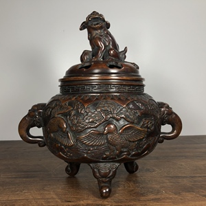 独特收藏老件纯紫铜大明宣德款浮雕福禄寿瑞兽耳三足薰炉摆件
