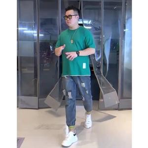 青栀潮男微胖穿搭夏季新款潮流短袖华夫格t恤韩版微阔假两件t恤男