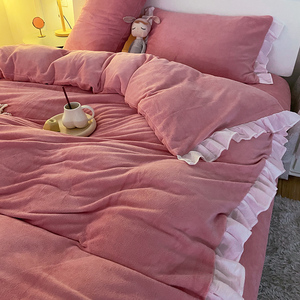 花边牛奶绒床单四件套公主风少女心简约粉色床笠款防静电冬季韩式