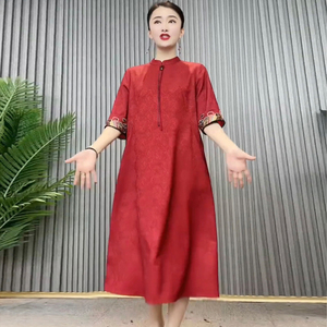 新中式旗袍裙真丝连衣裙女夏季通勤复古刺绣桑蚕丝红色中国风裙子