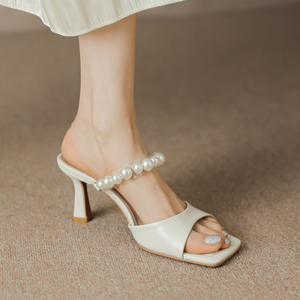 夏季法式气质珍珠透明一字拖女外穿时尚真皮高跟凉拖鞋女细跟露趾