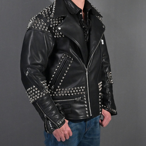 男装复古翻领摇滚朋克风舞台演出服头层牛皮铆钉机车夹克真皮皮衣