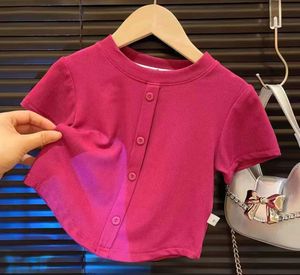 2024新款夏季女童韩版潮糖果色短袖T恤儿童修身时尚排扣上衣洋气