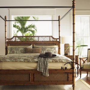 手工雕刻竹子风格实木四柱床美式轻奢设计双人床法式新古典藤床