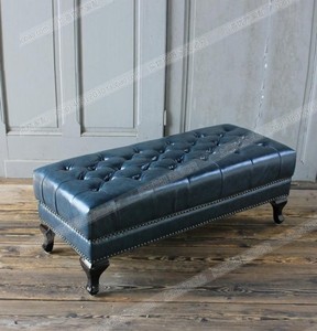 欧式轻奢蓝色真皮换鞋凳美式复古牛皮凳服装店沙发长方形床尾脚踏