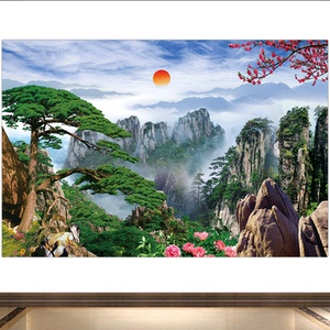 黄山风景画迎客松山峰山脉背有靠山图石头山无水无活物中堂风水画