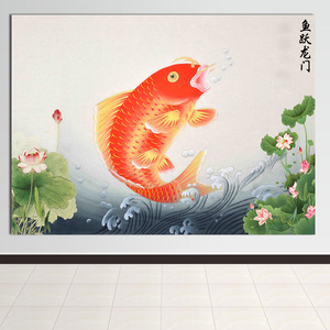 年画鲤鱼图风水挂画办公室客厅装饰画玄关壁画鲤鱼跃龙门国画w05