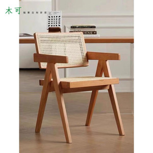 北欧简约实木餐椅藤编椅子设计舒适带扶手靠背椅原木艺术汉斯椅子
