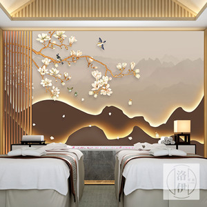 新中式美容院装修养生馆背景墙纸古典禅意壁画头疗采耳足疗店壁纸