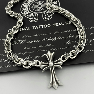 925纯银ch克罗心个性欧美男女锁骨链包链复古十字架字母项链粗8mm