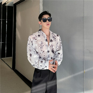 夏季高级感薄纱印花衬衫男长袖设计感韩版网红时髦透气防晒衬衣潮