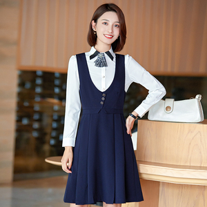 春装老师园服女教师职业装英伦风幼师工作服蓝色马甲裙连衣裙套装