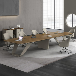 高档会议桌组合桌椅组合长桌条形简约现代会议室办公家具轻奢木皮