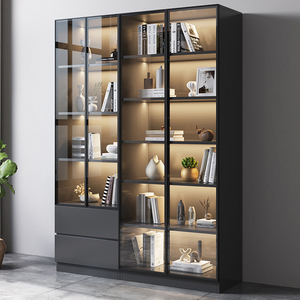 玻璃门书柜现代简约实木柜子轻奢展示柜客厅置物柜整墙定制储物柜