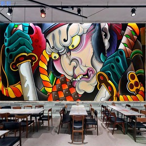 日式武士背景墙刺青工作室壁纸墙纸日本般若浮世绘纹身店装修壁画