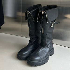 牛皮版~厚底皮带扣可翻折长筒靴女韩国时装骑士靴真皮高筒马丁靴