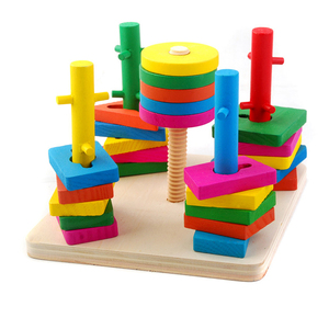 儿童早教启蒙木制益智力玩具彩色形状套柱木制五柱套柱积木