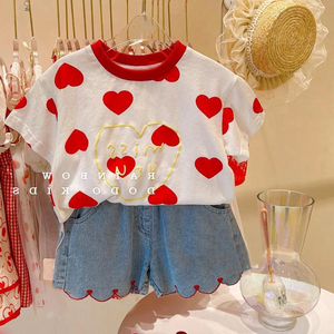女童t恤短袖夏季2022新款洋气时尚宽松圆领爱心衣服儿童宝宝上衣