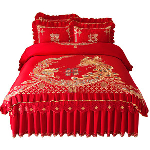 全棉床裙式大红色婚庆四件套纯棉喜庆1.8床罩单双人被罩加厚床盖