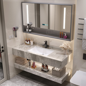 现代简约浴室柜组合亮面岩板陶瓷台面双层卫生间洗漱台洗手池洗脸