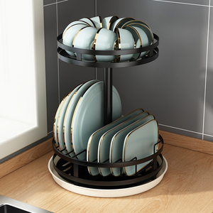 旋转式碗碟沥水架厨房置物架台面二层放碗放碟盘子过滤水收纳架子