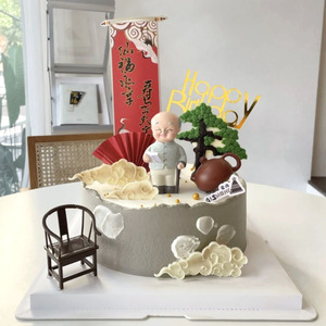 中式国风茶壶百福老人爷爷祝寿蛋糕寿松家和万事兴烘焙装饰摆件