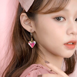 汐之设计师穗子原创少女心粉色滴胶玻璃纸可拆卸爱心耳环耳圈耳夹