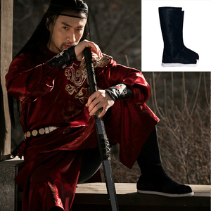 汉元素绒面官靴男生汉服靴子中国民族风男女古装皂靴cos古风男靴