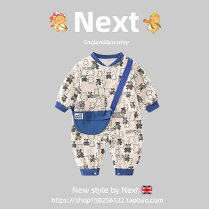 英国NEXT连体衣春秋新款韩版婴幼儿卡通小熊印花连身衣带挎包爬服
