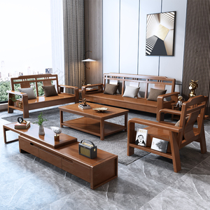 全实木沙发小户型客厅木质三人位新中式冬夏两用现代简约农村家具