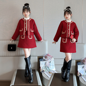 女童小香风套装秋冬款洋气时髦中大童韩版加厚外套儿童裙子两件套