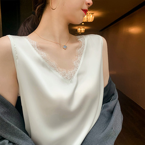 真丝背心吊带女夏季宽松性感内搭蕾丝v领打底白色缎面背心上衣