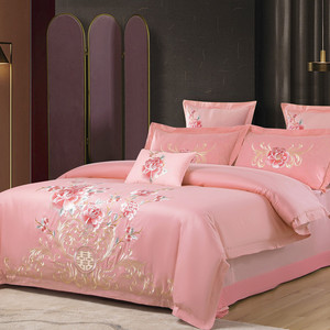 婚嫁床上被套四件套全棉纯棉粉色大红色刺绣床单式婚房结婚庆床品