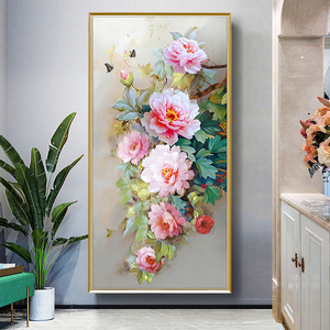 手绘油画进门玄关装饰画客厅走廊竖版挂画新中式牡丹花卉油画定制