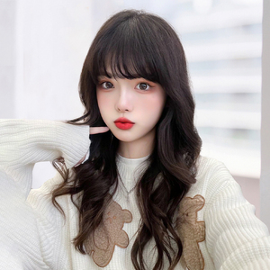 假发真发全真人发假发女长发大波浪空气刘海中长卷发自然全头套式