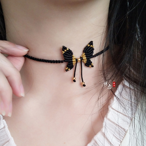 编绳黑色蝴蝶转运珠锁骨链脖子短项链抖音款金珠颈链纯手工choker