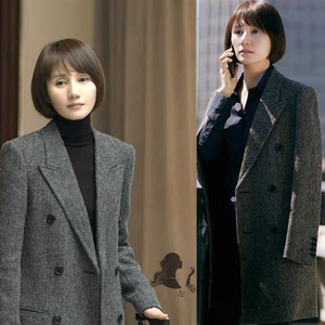 代购maje袁泉唐晶同款人字纹大衣中长款羊毛呢羊绒外套女