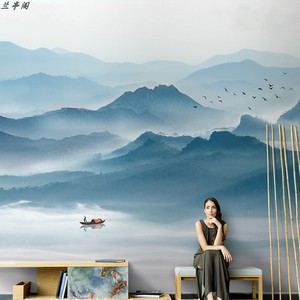 中式手绘抽象意境山水风景壁布客厅电视背景无缝环保无味壁画墙布