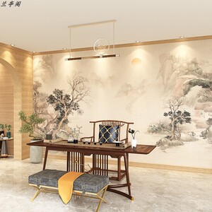 手绘中式墙纸古典江南山水墨画中国风客厅壁画餐厅茶室背景墙壁纸
