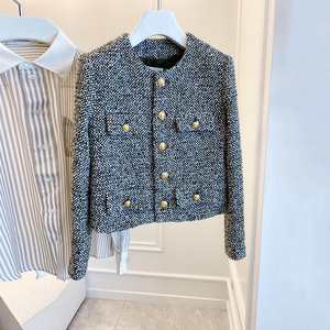 celine dfdx秋冬羊毛粗花呢外套女单排扣小香风修身短款上衣女装