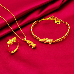 三件套貔貅吊坠双饰品貔貅戒指貔貅黄铜元宝越南沙金手链镀金