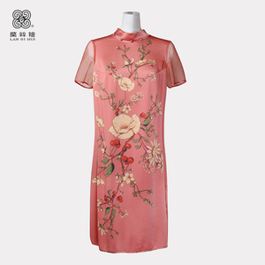 兰丝绘女装旗舰店夏季桑蚕丝连衣裙中长款复古短袖时尚印花长裙