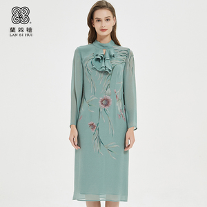 休闲时尚长袖西瓜红蝶恋长袖连衣裙高腰显瘦兰丝绘女装旗舰店2280