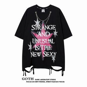 哥特潮Goth 美式高街嘻哈星星设计感项链短袖T恤男士夏季破洞体恤