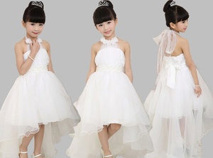 新款儿童礼服主持人裙小孩花童伴娘拖地长裙白色婚纱拖尾公主裙夏