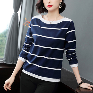 唯品会京东蘑菇街品牌女装专柜正品特卖清仓条纹春装全棉长袖t恤
